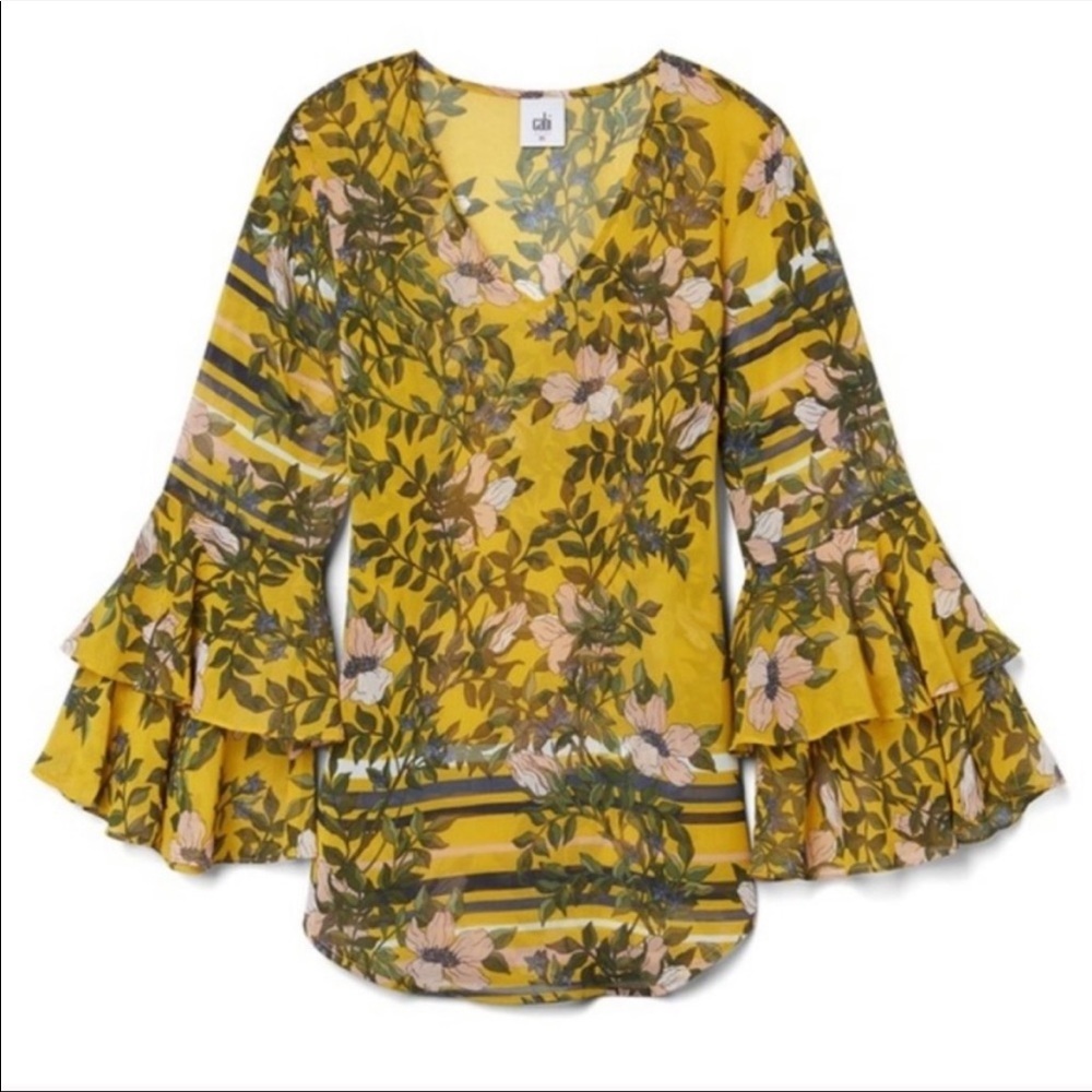 CABI Spring Scene Floral Blouse Sheer Yellow 5518